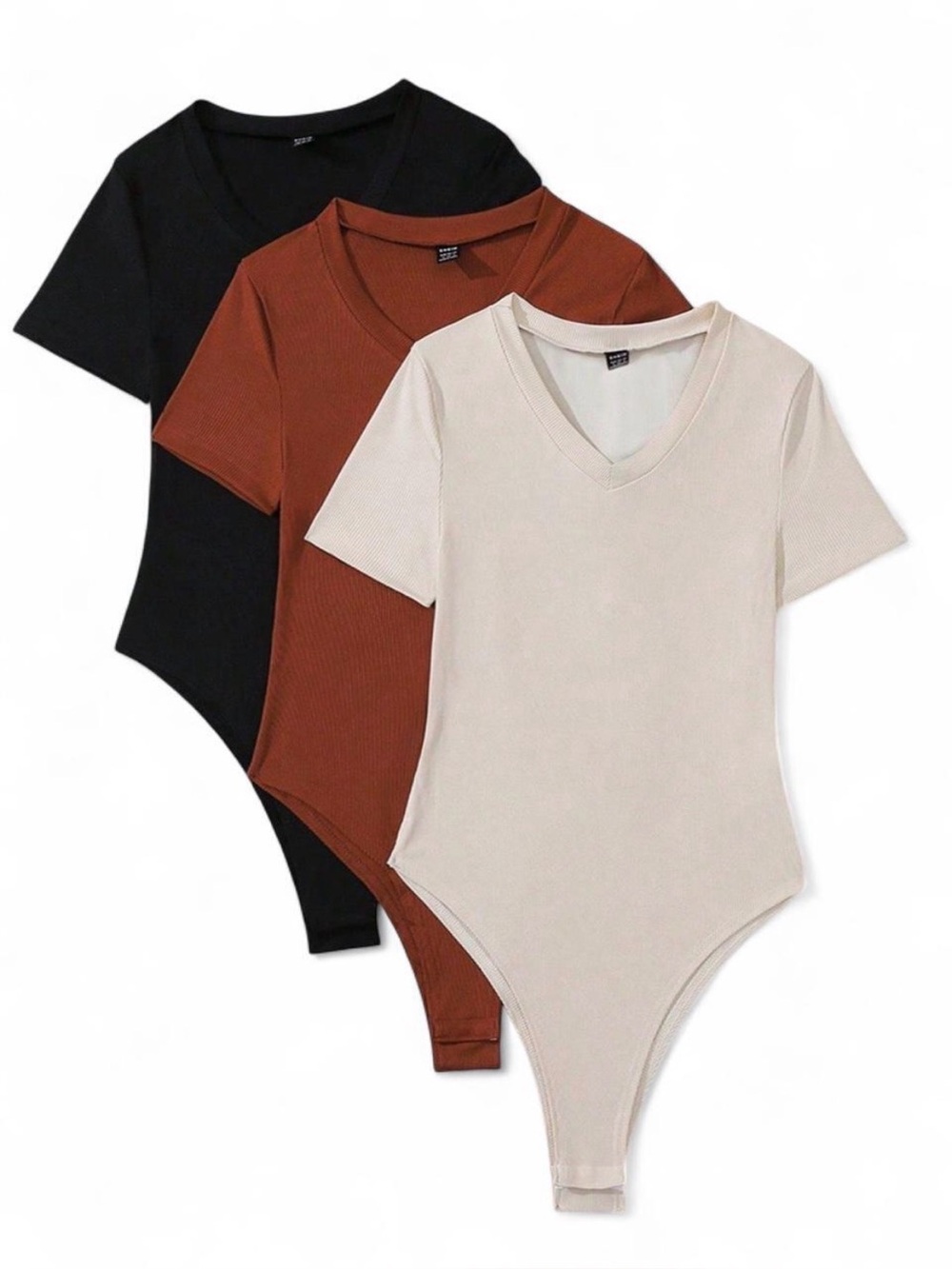 3-Pack V-Neck Ribbed Bodysuits in Black, Rust, and Cream